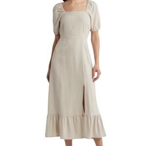 VERO MODA Women’s Linen Blend Tan Midi Ruffle Hem Front Slit Dress